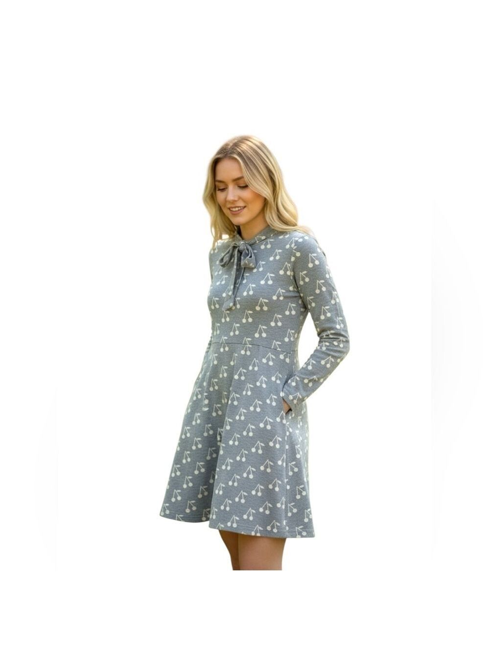 Onze MTL Long Sleeve Dress Gray Jersey Knit Sz M Cherry Retro Pocket Girlhood